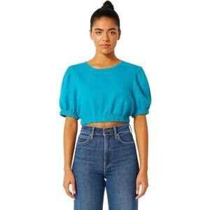 BROADWAY Linen Cropped Top Puffy Short Sleeve Turquoise Solid Color EU 38 Medium